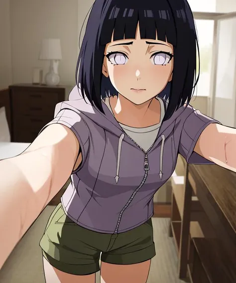 anime girl in a purple shirt and green shorts reaching out to touch a bed