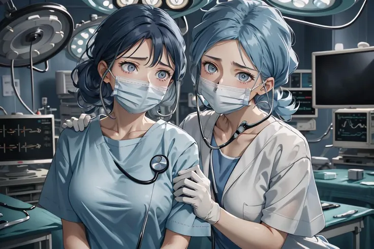 two women in scrub suits are standing in a operating room