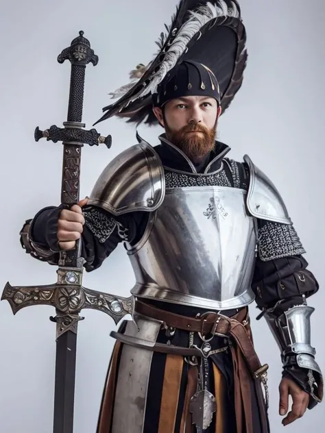 Photo-realistic high resolution photography of simple white background, a teen boy wearing landknt full plate armor with a feathered hat, pauldrons, (sword on the shoulder:1.2) <lora:Landsknecht_Costume:0.7> wearing landsknecht armor, long sleeves doublets...