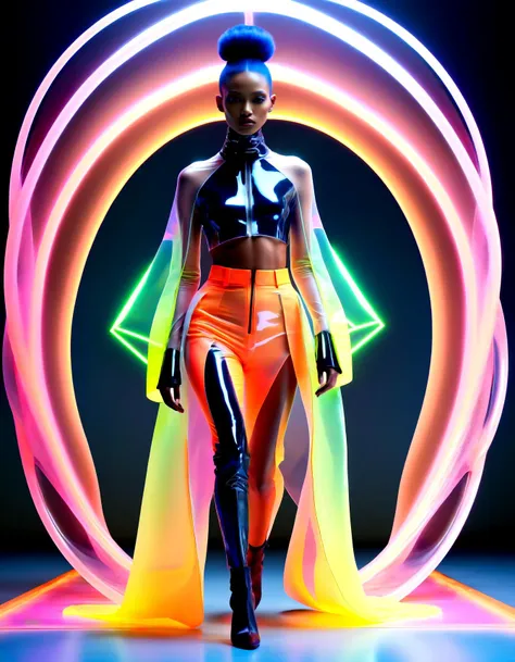 a woman in neon clothes and boots standing in front of a neon light