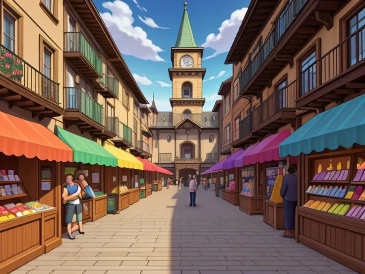 lucasarts adventure games style, town square, shopping stalls,