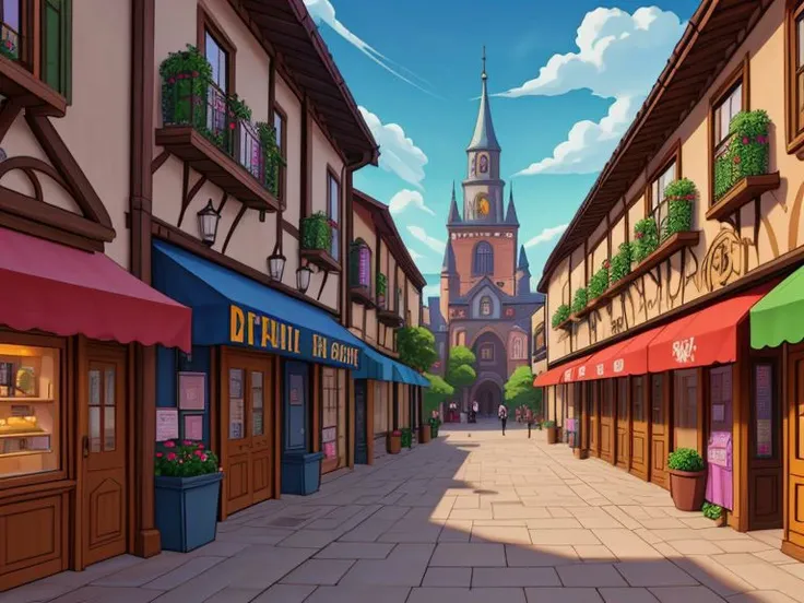 lucasarts adventure games style, town square, shopping stalls,