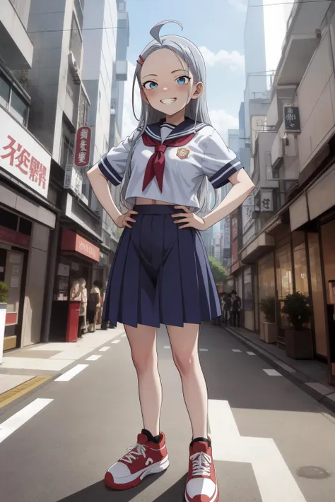 a woman in a school uniform standing on a street