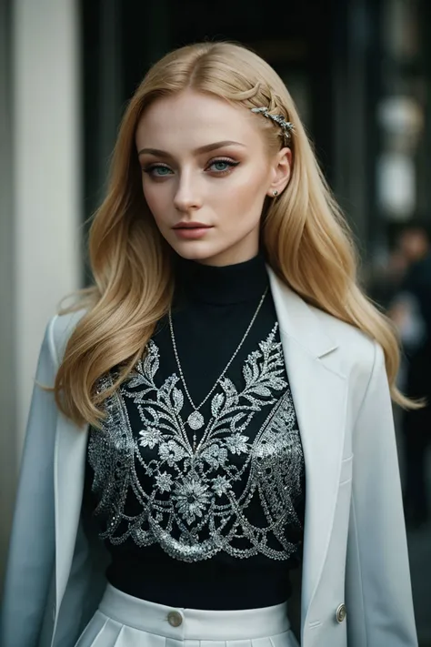 gorgeous candid street fashion professional  analog portrait, (sfw:1.2) blonde [1girl:Sophie_Turner:0.0], detailed realistic skin as a scared fashion model, street fashion editorial style photo, (editorial decorated theme with an decorated styling, street ...