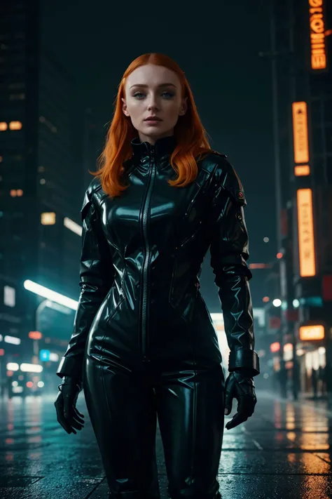 gorgeous intricate futuristic vivid neon noir raw portrait, (sfw:1.2) ginger [1girl:Sophie_Turner:0.0], detailed realistic skin as a sassy girl next door, futuristic mecha shiny latex trench coat, futuristic moody night scene, city lights, heavy rain, pudd...