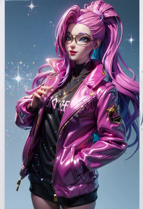 <lora:Seraphine:0.65>, xyzseraphine, 1girl, 3d render, multi-colored hair, trendy clothing, sparkles, sprinkles, jacket, eyewear