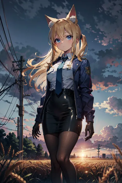 1girl, animal ear fluff, animal ears, barn, black gloves, black pantyhose, blonde hair, blue eyes, blue jacket, blue necktie, blue shirt, breasts, closed mouth, cloud, dress shirt, expressionless, feet out of frame, grey sky, high collar, jacket, large bre...