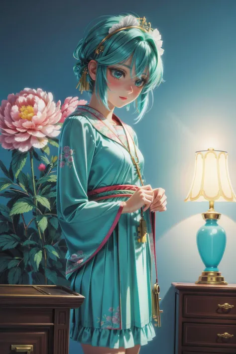 1girl, 8k Renderman, surreal, soft focus of a Sensual Anime Indian ([TV stand|Stadium]:1.3) , it is with Mint green adornments, it is covered in Frost, background is Textile vegetation, dense city with Peony, at Nighttime, Wide view, (surrealism art by Mar...