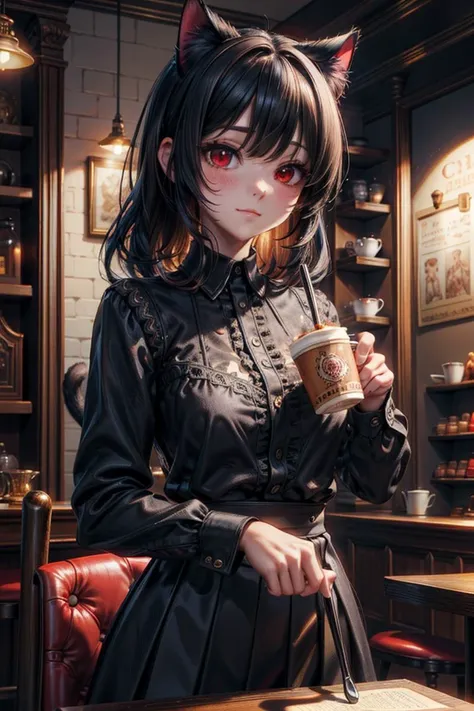 (masterpiece), (best quality), (intricate_details:1.1), (finely detailed:1.4), (distinct_image:1.2), (cafe background), solo girl, cute, (face focus), shiny red eyes/black hair, cat ears, smooth lighting, black shirt, [skirt],