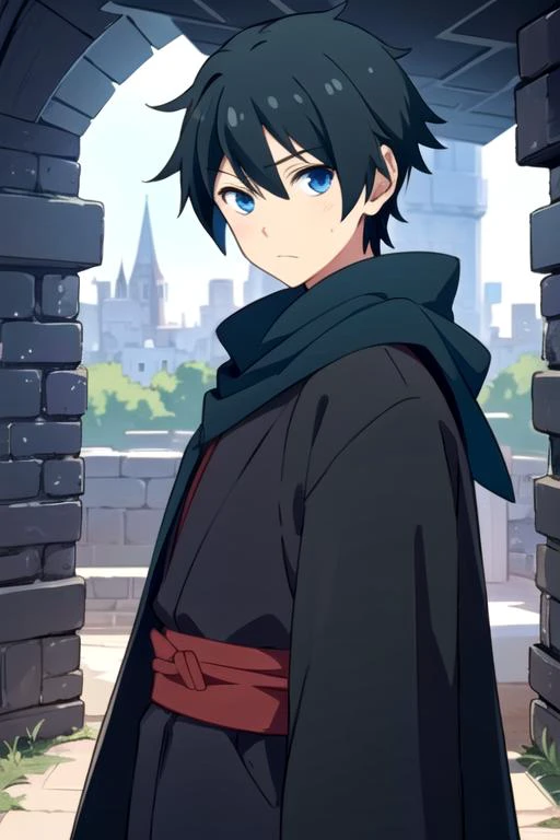 masterpiece, best quality, illustration, 1boy, solo, male focus, looking at viewer, , depth of field, anime coloring, , <lora:haruhiko_takase:0.68>, haruhiko_takase, black hair, blue eyes, ninja costume, The Tower of Oblivion: A stronghold where forgotten ...