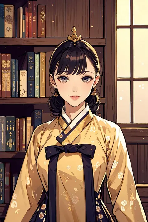 woman wearing dangui,waist up,sweet smile,floral pattern with golden speckles,beautiful victorian library,shimmering fabric,serene,masterpiece,8k,trending on pixiv,highest quality,<lora:DanguiHanbokV2:0.8>,