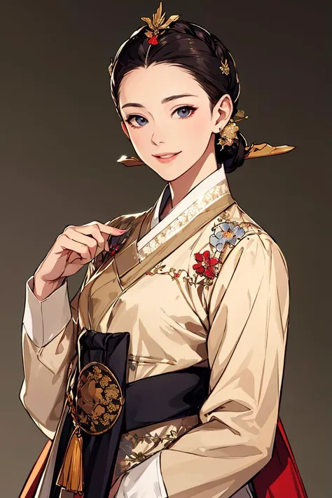 woman wearing dangui,waist up portrait,sweet smile,updo,extremely detailed clothes,masterpiece,8k,trending on pixiv,highest quality,<lora:DanguiHanbokV2:0.8>,