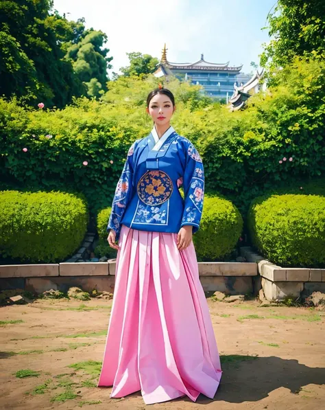 a woman in a blue and pink hanbok standing in front of a building