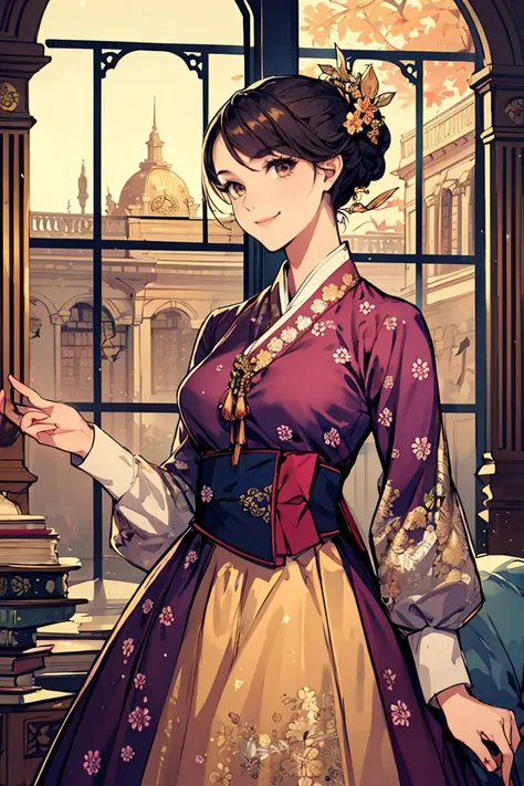 woman wearing dangui,waist up,sweet smile,floral pattern with golden speckles,beautiful victorian library,shimmering fabric,serene,masterpiece,8k,trending on pixiv,highest quality,<lora:DanguiHanbokV2:0.8>,