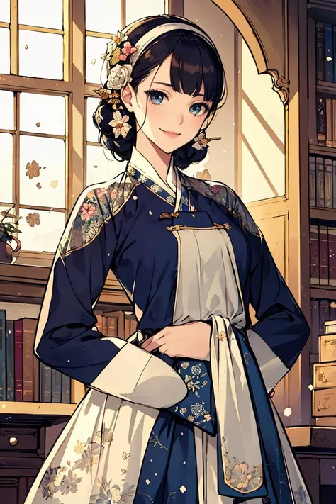 woman wearing dangui,waist up,sweet smile,floral pattern with golden speckles,beautiful victorian library,shimmering fabric,serene,masterpiece,8k,trending on pixiv,highest quality,<lora:DanguiHanbokV2:0.8>,