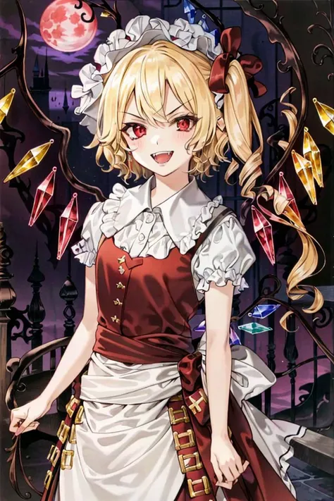 <lora:SotN:1>, SotnStyle, 1girl, solo, (flandre scarlet), castle, blood moon, dark, gothic, grin, v-shaped eyebrows, fangs, masterpiece, best quality,