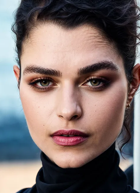 a stunning intricate full color portrait of (sks woman:1), wearing a black turtleneck, epic character composition, sharp focus, ...