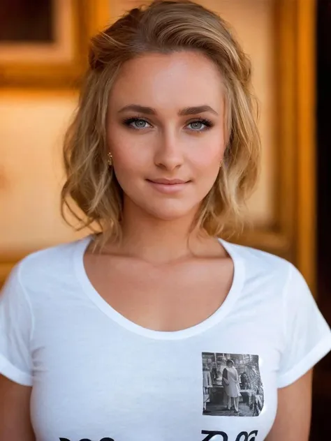 a close up of a woman with a white shirt and a brown background