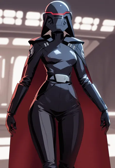 score_9, score_8_up, score_7_up, score_6_up, 2d, rating_questionable, rating_safe,
BREAK
Trilla, helmet with red visor, star wars,
armor,black gloves,tight bodysuit,black cape,black pants,
close up, solo, standing, front view, medium breasts, wide hips, li...