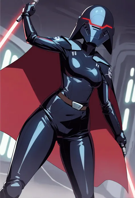 score_9, score_8_up, score_7_up, score_6_up, 2d, rating_questionable, rating_safe,
BREAK
Trilla, helmet with red visor, star wars,
armor,black gloves,tight bodysuit,black cape,black pants,
close up, solo, standing, front view, medium breasts, wide hips, ho...