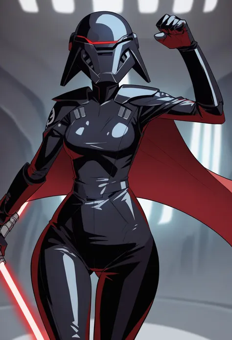 score_9, score_8_up, score_7_up, score_6_up, 2d, rating_questionable, rating_safe,
BREAK
Trilla, helmet with red visor, star wars,
armor,black gloves,tight bodysuit,black cape,black pants,
close up, solo, standing, front view, medium breasts, wide hips, ho...