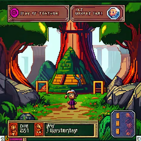 a screenshot of a game screen with a person standing in front of a tree