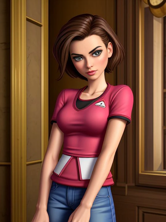 a woman in a pink shirt and jeans holding a knife