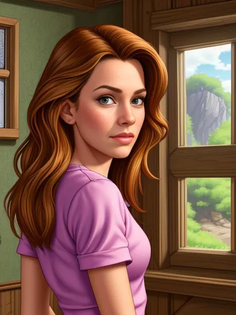 a woman in a purple shirt looking out a window