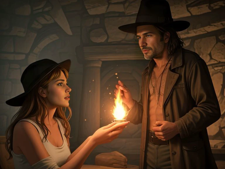 a man and woman holding a small fire in their hands