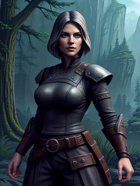 a woman in a black leather outfit standing in front of a forest