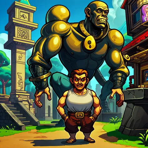 a cartoon image of a man standing next to a giant man