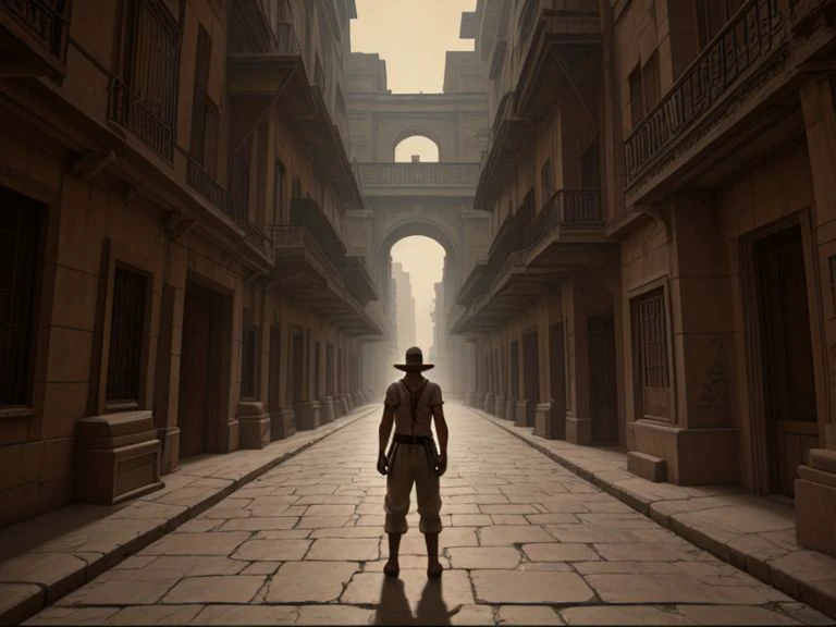 arafed image of a man walking down a narrow street