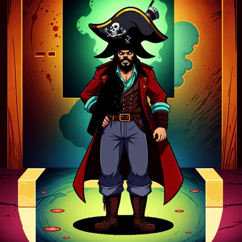 a cartoon pirate standing in front of a door with a skull on it