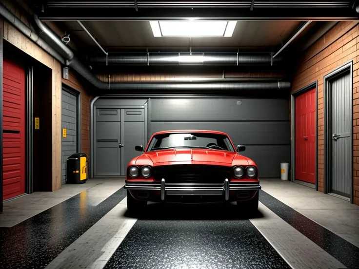 arafed red car in a garage with a red door