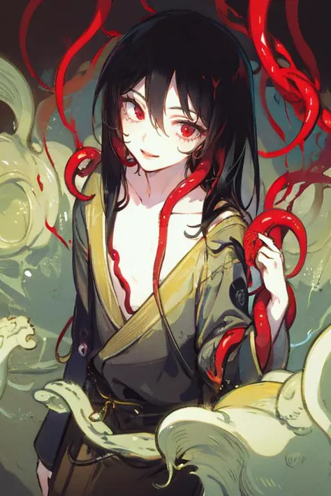 masterpiece, best quality,1boy, a man, male focus, red eyes, close-up, smile, long sleeves, looking at viewer, black hair, long hair, seductive, lustful, tunic, collarbone, tendrils, (tentacles:1) ,hair between eyes, yoshitaka amano character design, style...