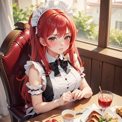 (masterpiece:1.2), (best quality:1.2), upper body shot, 1girl, medium breasts, red hair, long hair, looking at viewer, <lora:Concept_Pout:0.75>, pout, blush, white maid headdress, black frilling  maid dress, black stockings, sitting on the chair, food on t...