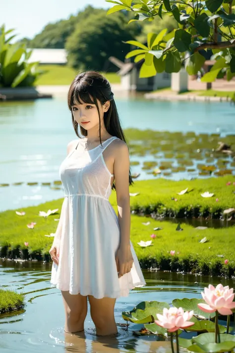 A girl in a white dress is standing in the lake, lotus flowers