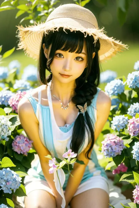 A girl in a white dress and a straw hat squats in a flower field, surrounded by hydrangeas