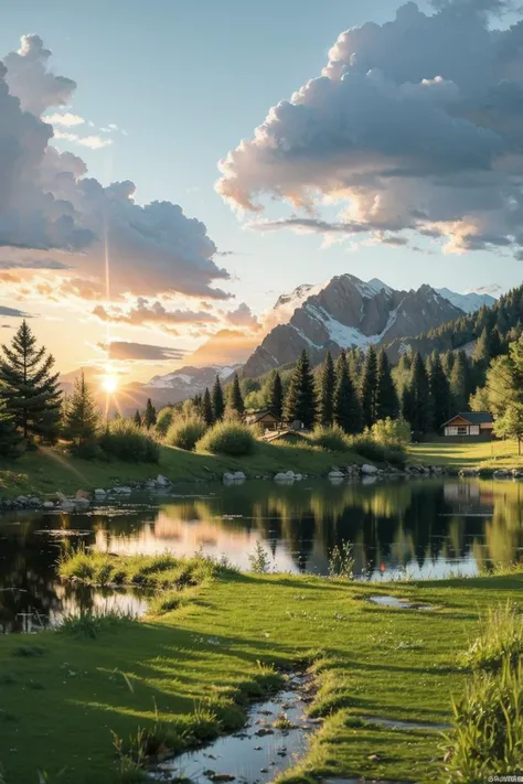 landscape, scenery, Under the setting sun, the mountains are surrounded by a mirror lake