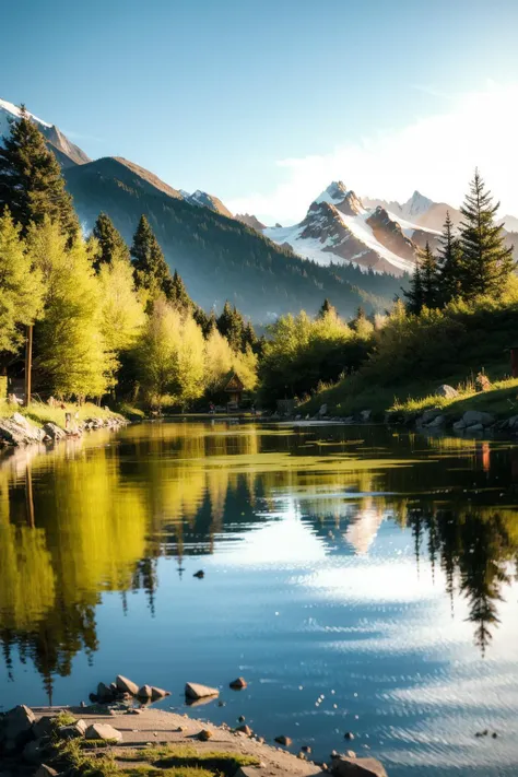 landscape, scenery, Under the setting sun, the mountains are surrounded by a mirror lake