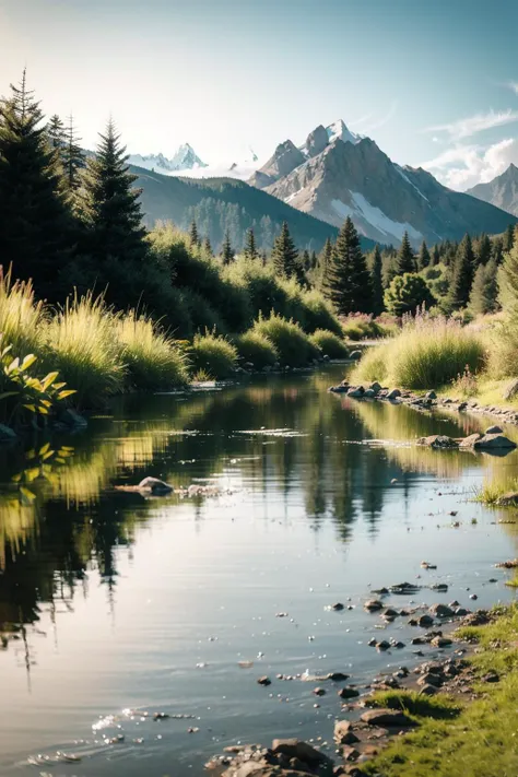 landscape, scenery, Under the setting sun, the mountains are surrounded by a mirror lake