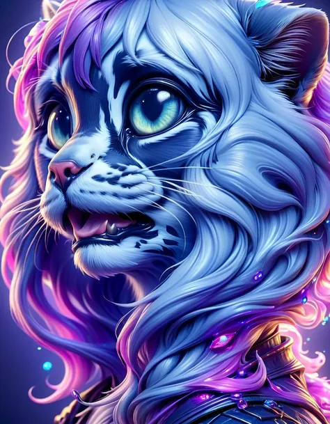 a close up of a cat with long hair and a purple mane