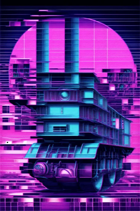 a purple and blue poster with a futuristic building in the background