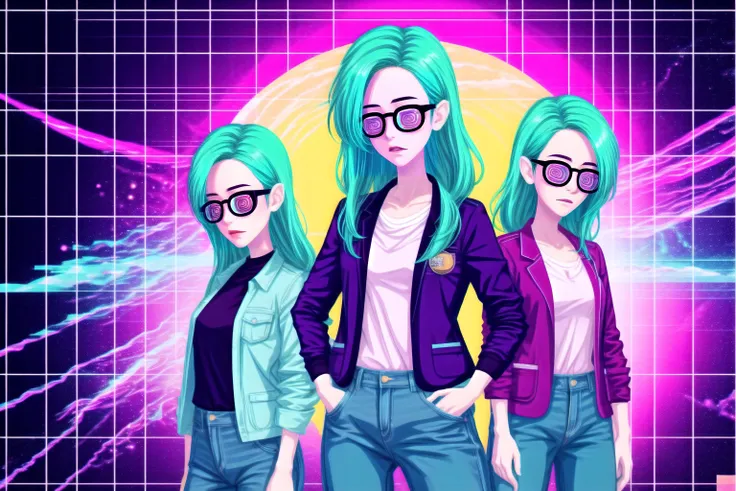 a group of young women in glasses and jackets standing in front of a neon background