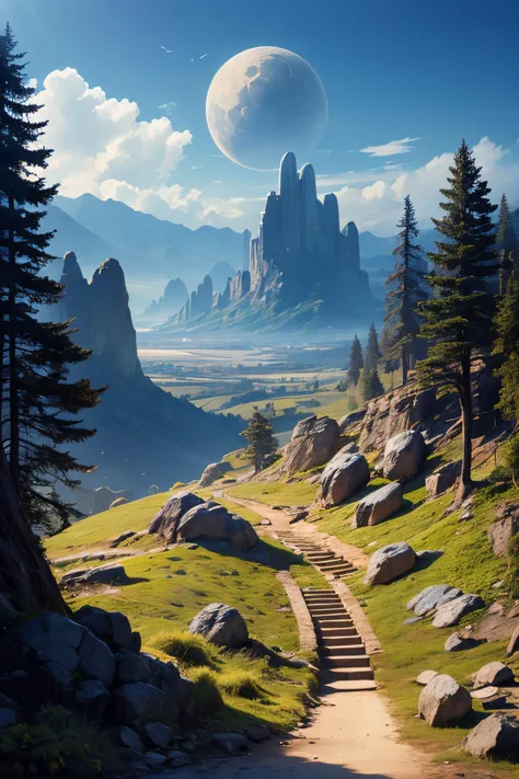 (Realistic:1.5), EDOBSYFYCITYLANDSCAPE, EDOBHORRORLANDSCAPE, EDOBFAIRYTALELANDSCAPE, airplane, forest, stairs, sun, rock, skeleton, from behind, blue sky, horizon, giant, <lora:EdobSyFyHorrorFairyTale_v1.0:0.8>