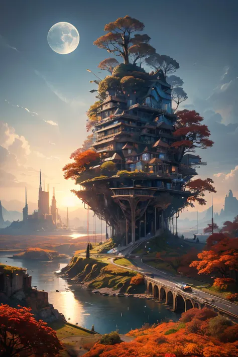 (Realistic:1.5) robot, scenery, car, animal, bicycle, rain, architecture, grass, cyberpunk, building, truck, spikes, stairs, ship, floating island, hat, moon, tree stump, field, autumn leaves, <lora:EdobSyFyHorrorFairyTale_v1.0:0.8>