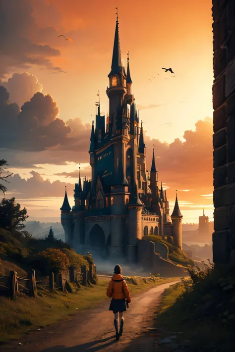 (Realistic:1.5), EDOBSYFYCITYLANDSCAPE, EDOBHORRORLANDSCAPE, EDOBFAIRYTALELANDSCAPE, motor vehicle, orange sky, castle, vanishing point, bird, jacket, horror (theme), multiple girls, moss, 1boy, <lora:EdobSyFyHorrorFairyTale_v1.0:0.8>