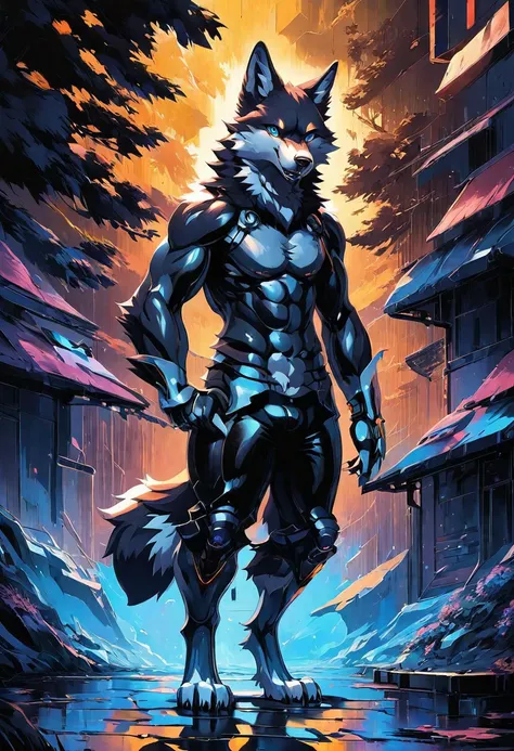 Stylized anime artwork, (wolf), full body, digital painting, pallet knife, photoshop acrylic painting, anime studio, subsurface scattering, HDR, masterpiece, best quality, detailed, absurd res, solo