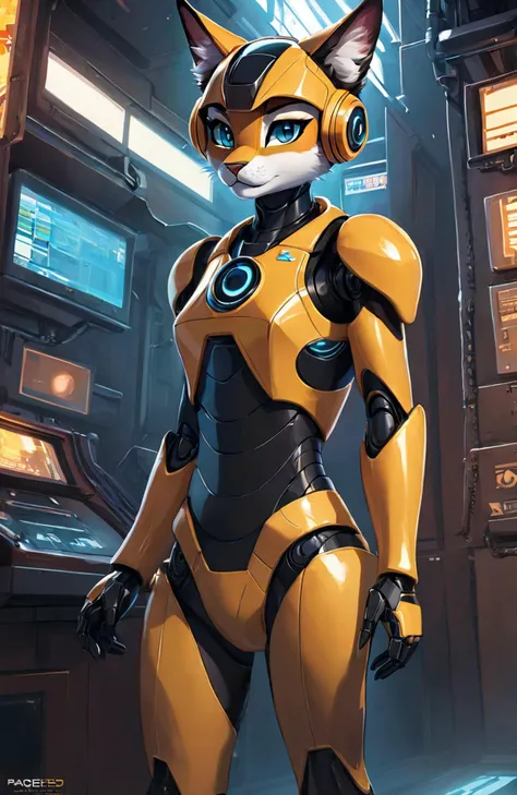 a close up of a cat in a futuristic suit standing in front of a machine