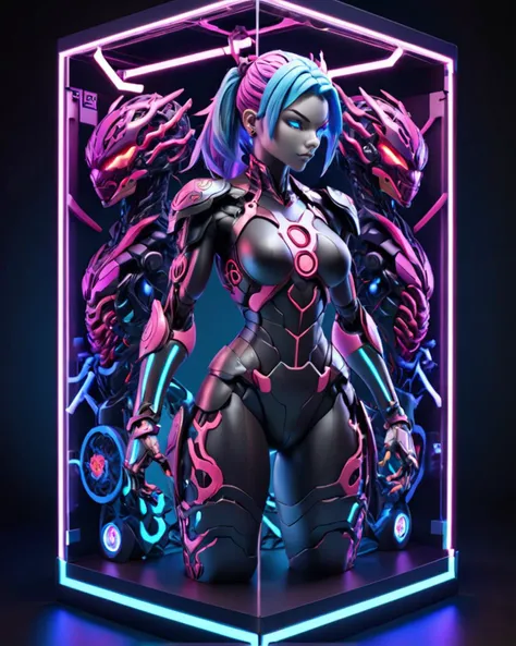 3D papercut shadow box of Fighting game style Stacked papercut  of   1girl, ,cyborg, neon-colored hair,android, mind_hack,colorful,detailed,real,dystopian tone,mechanical limbs,blood vessels connected to tubes,(mechanical vertebra attaching to back),comple...